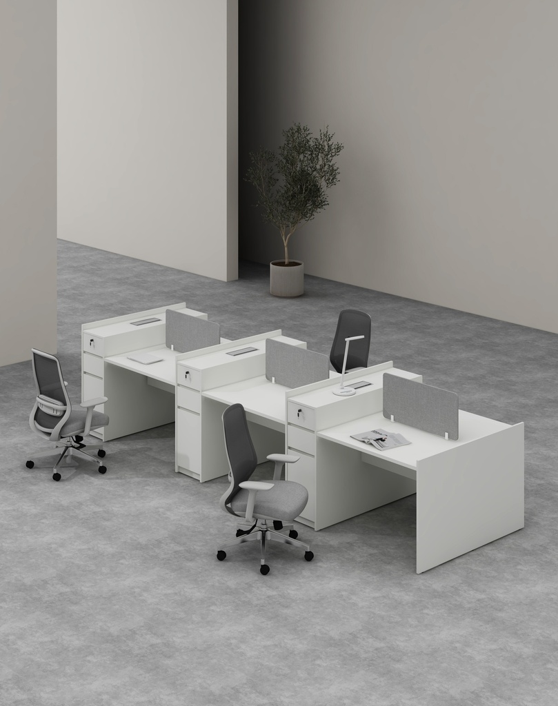 Feta Series - Double side workstation (Cluster of 6) with Pedestal having 2 drawers and 1 filing cabinet (MF001 Moonlight White, 3984*1200*982)